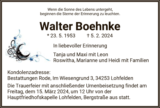 Todesanzeige von Walter Boehnke von HNA