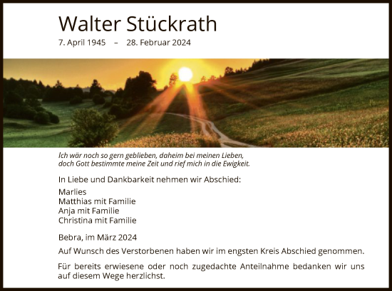 Todesanzeige von Walter Stückrath von HNA