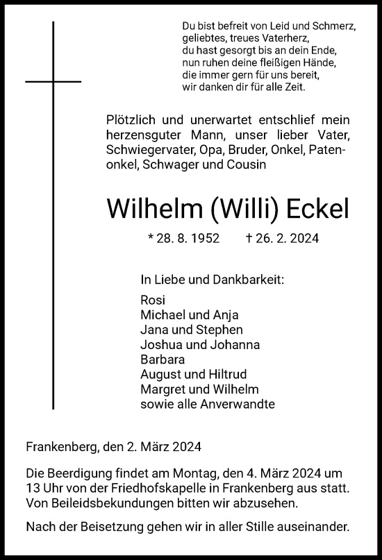 Todesanzeige von Wilhelm Eckel von HNA
