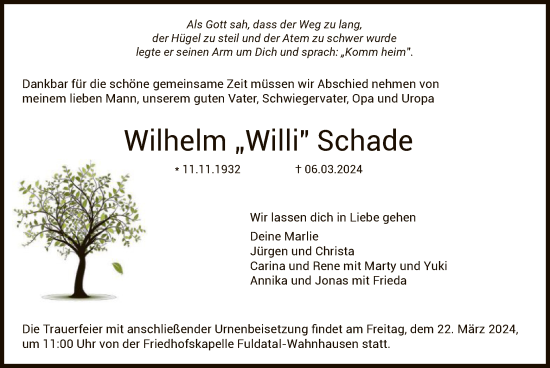 Todesanzeige von Wilhelm Schade von HNA