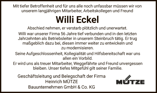 Todesanzeige von Willi Eckel von HNA