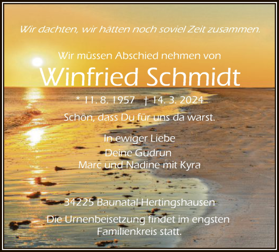 Todesanzeige von Winfried Schmidt von HNA