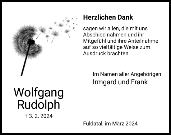 Todesanzeige von Wolfgang Rudolph von HNA