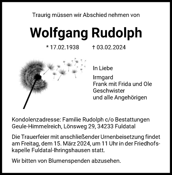 Todesanzeige von Wolfgang Rudolph von HNA