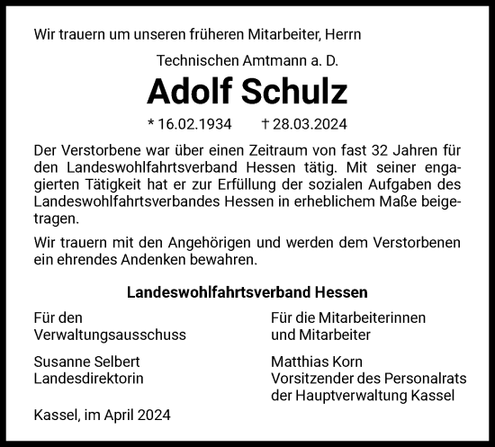 Todesanzeige von Adolf Schulz von HNA