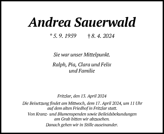 Todesanzeige von Andrea Sauerwald von HNA