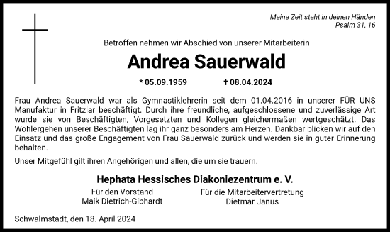 Todesanzeige von Andrea Sauerwald von HNA