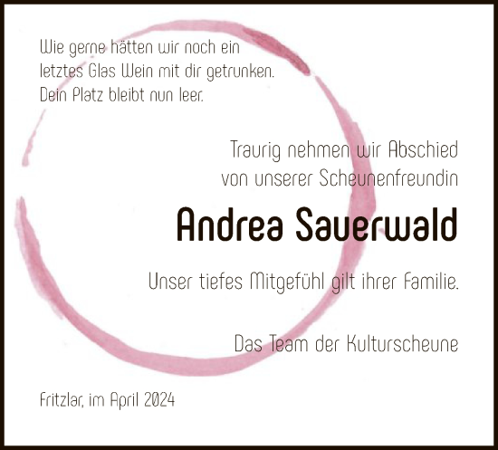 Todesanzeige von Andrea Sauerwald von HNA