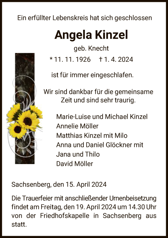 Todesanzeige von Angela Kinzel von HNAWLZ