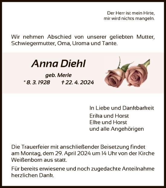 Todesanzeige von Anna Diehl von HNA