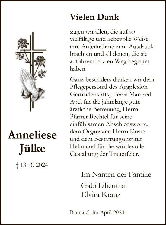 Todesanzeige von Anneliese Jülke von HNA