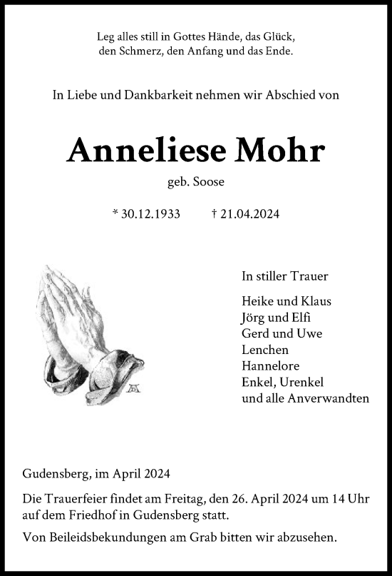 Todesanzeige von Anneliese Mohr von HNA