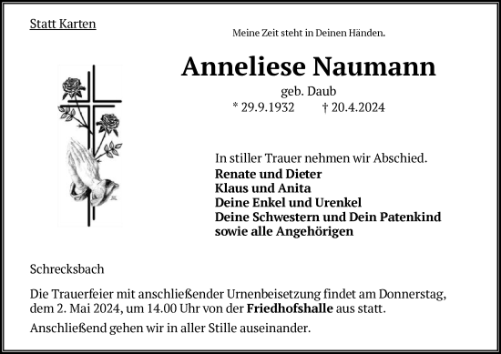 Todesanzeige von Anneliese Naumann von HNA