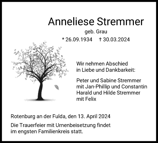 Todesanzeige von Anneliese Stremmer von HNAHNA