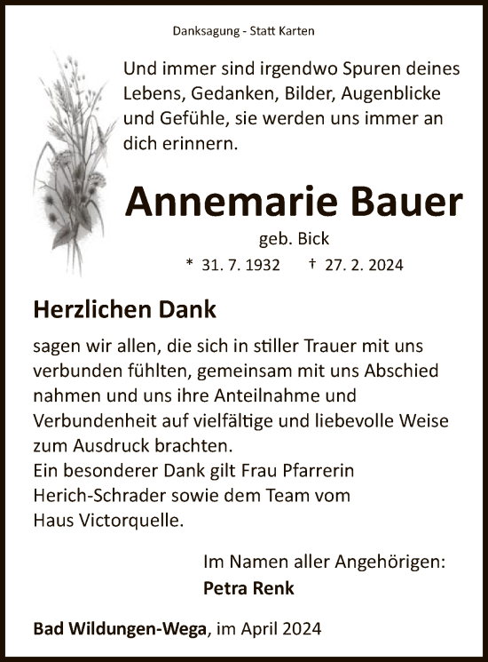 Todesanzeige von Annemarie Bauer von HNA