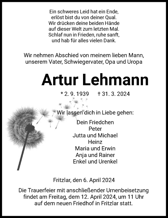 Todesanzeige von Artur Lehmann von HNA