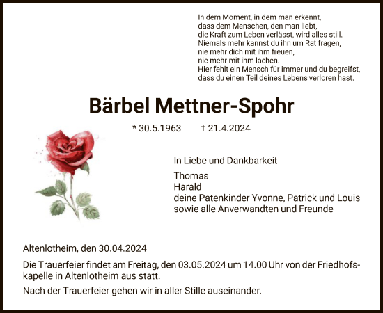 Todesanzeige von Bärbel Mettner-Spohr von HNA