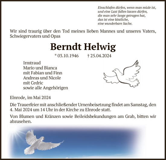 Todesanzeige von Berndt Helwig von HNAHNA