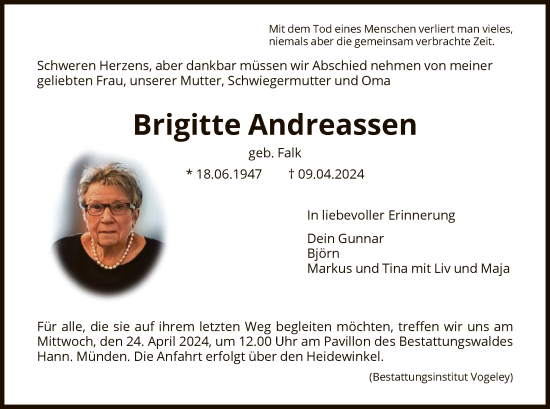 Todesanzeige von Brigitte Andreassen von HNA