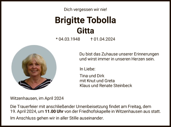 Todesanzeige von Brigitte Tobolla von HNA