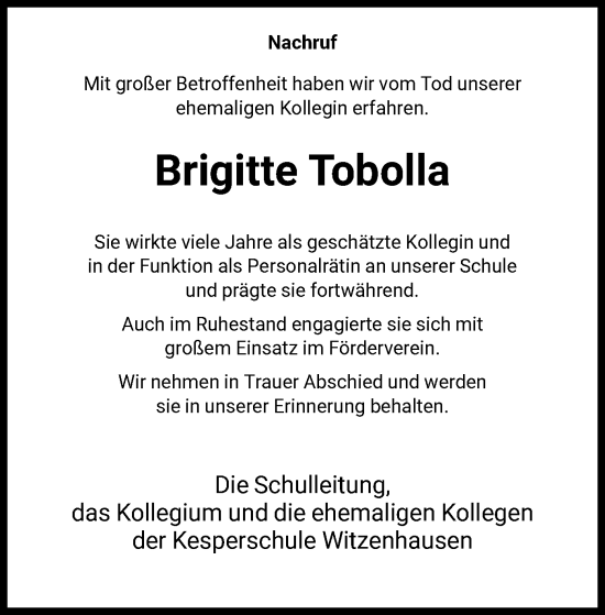 Todesanzeige von Brigitte Tobolla von HNA