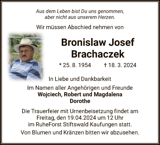 Todesanzeige von Bronislaw Josef Brachaczek von HNA