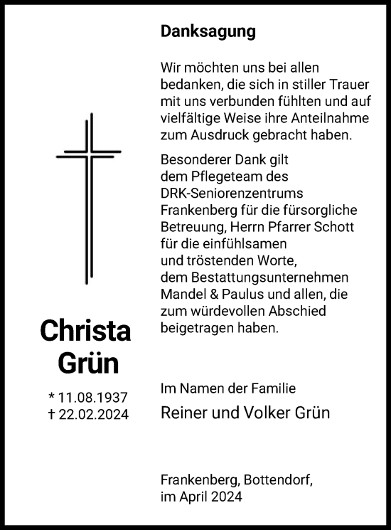Todesanzeige von Christa Grün von HNA