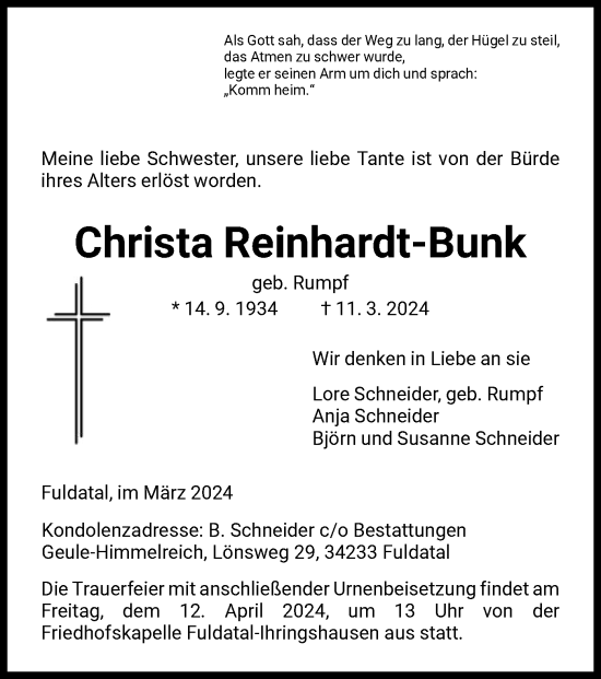 Todesanzeige von Christa Reinhardt-Bunk von HNA