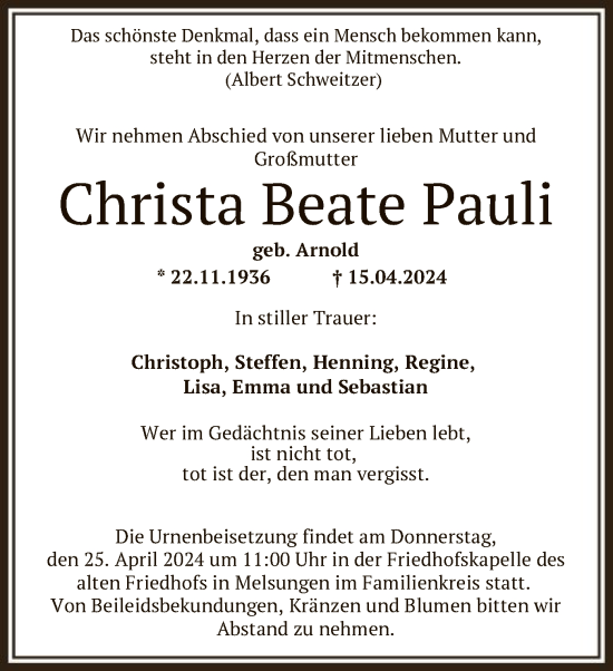 Todesanzeige von Christa Beate Pauli von HNA