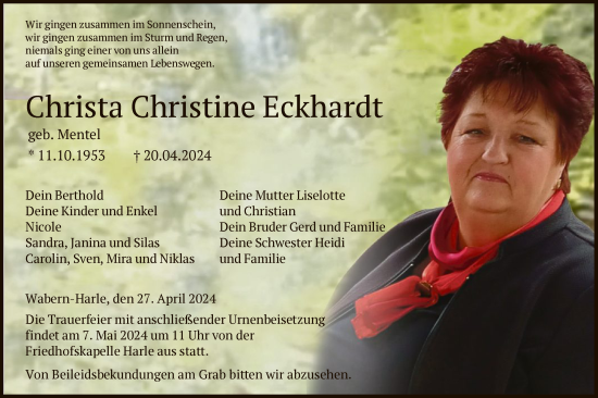 Todesanzeige von Christa Christine Eckhardt von HNA