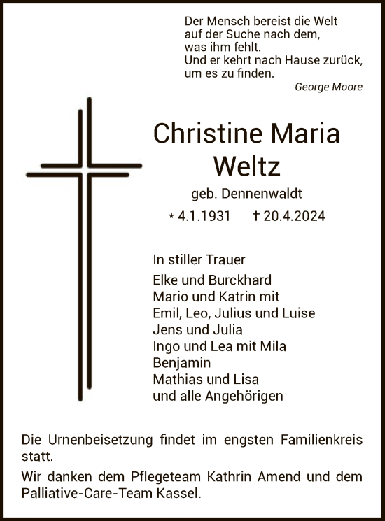 Todesanzeige von Christine Maria Weltz von HNA