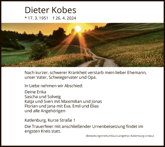 Todesanzeige von Dieter Kobes von HNA