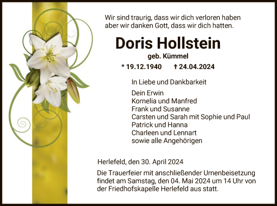 Todesanzeige von Doris Rollstein von HNA