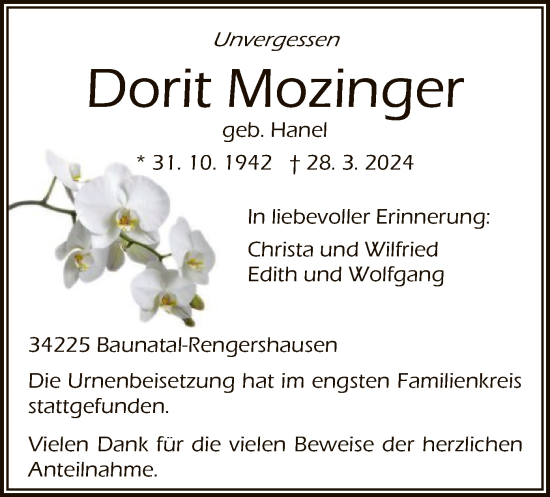 Todesanzeige von Dorit Mozinger von HNA