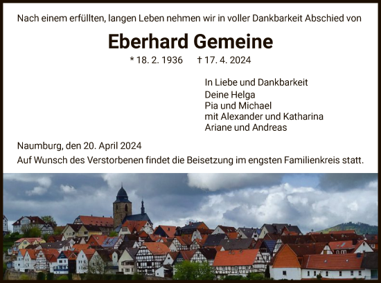 Todesanzeige von Eberhard Gemeine von HNA