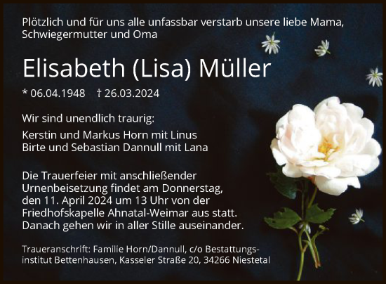 Todesanzeige von Elisabeth Müller von HNA