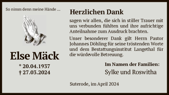 Todesanzeige von Else Mäck von HNA