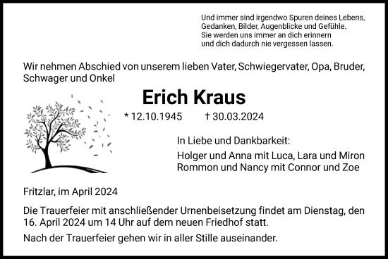 Todesanzeige von Erich Kraus von HNA