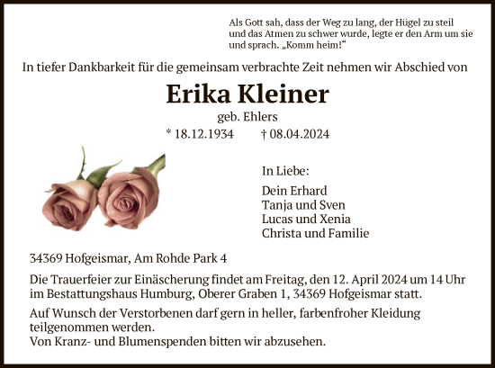 Todesanzeige von Erika Kleiner von HNA