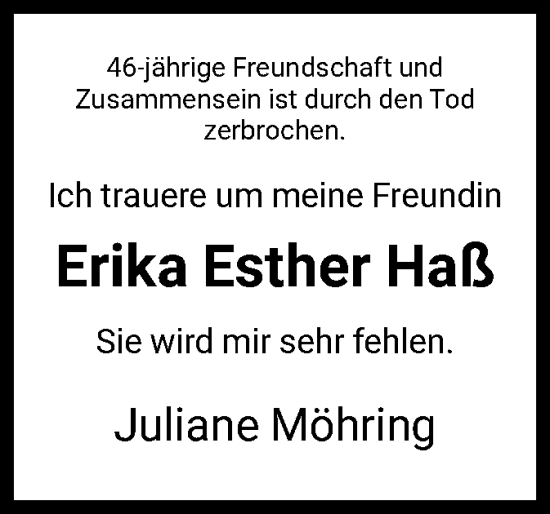 Todesanzeige von Erika Esther Haß von HNA