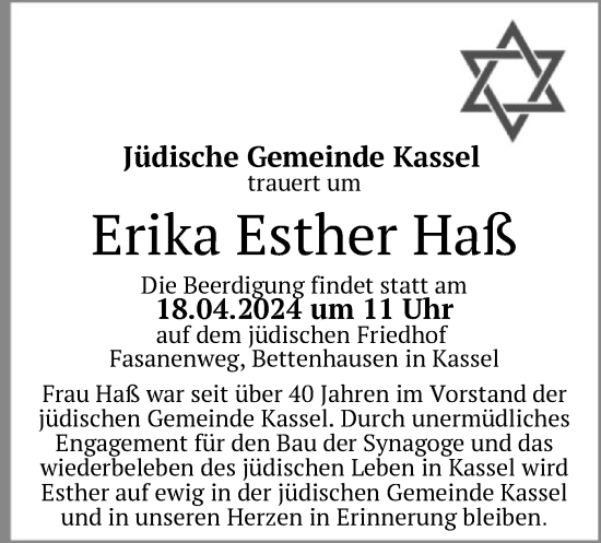 Todesanzeige von Erika Esther Haß von HNA
