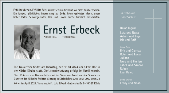 Todesanzeige von Ernst Erbeck von HNA