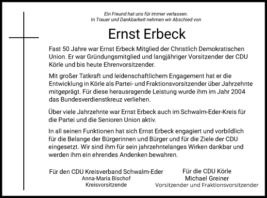 Todesanzeige von Ernst Erbeck von HNA