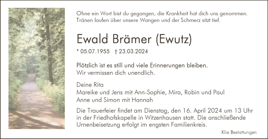 Todesanzeige von Ewald Brämer von HNA