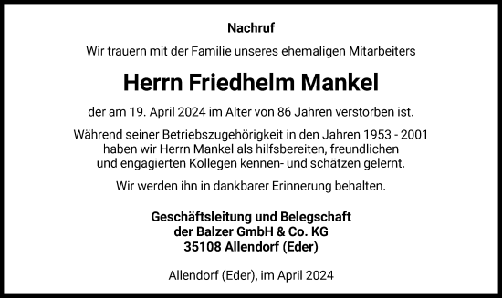Todesanzeige von Friedhelm Mankel von HNA