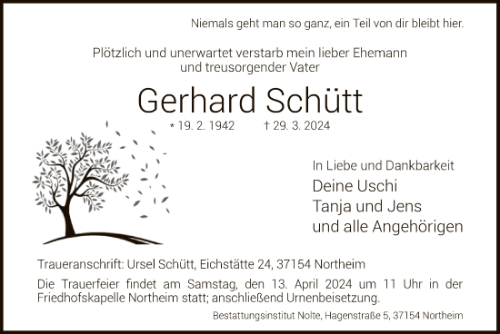 Todesanzeige von Gerhard Schütt von HNA