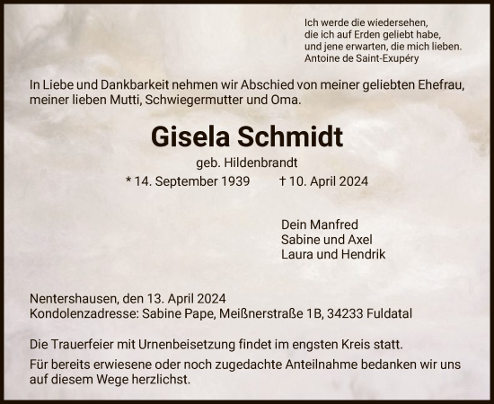 Todesanzeige von Gisela Schmidt von HNA
