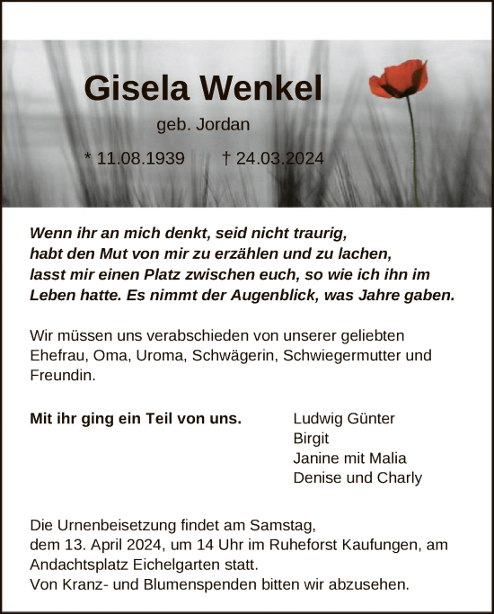Todesanzeige von Gisela Wenkel von HNA