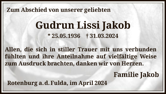 Todesanzeige von Gudrun Lissi Jakob von HNA