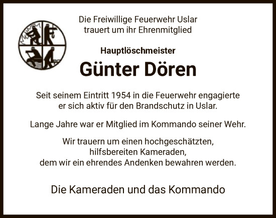 Todesanzeige von Günter Dören von HNA